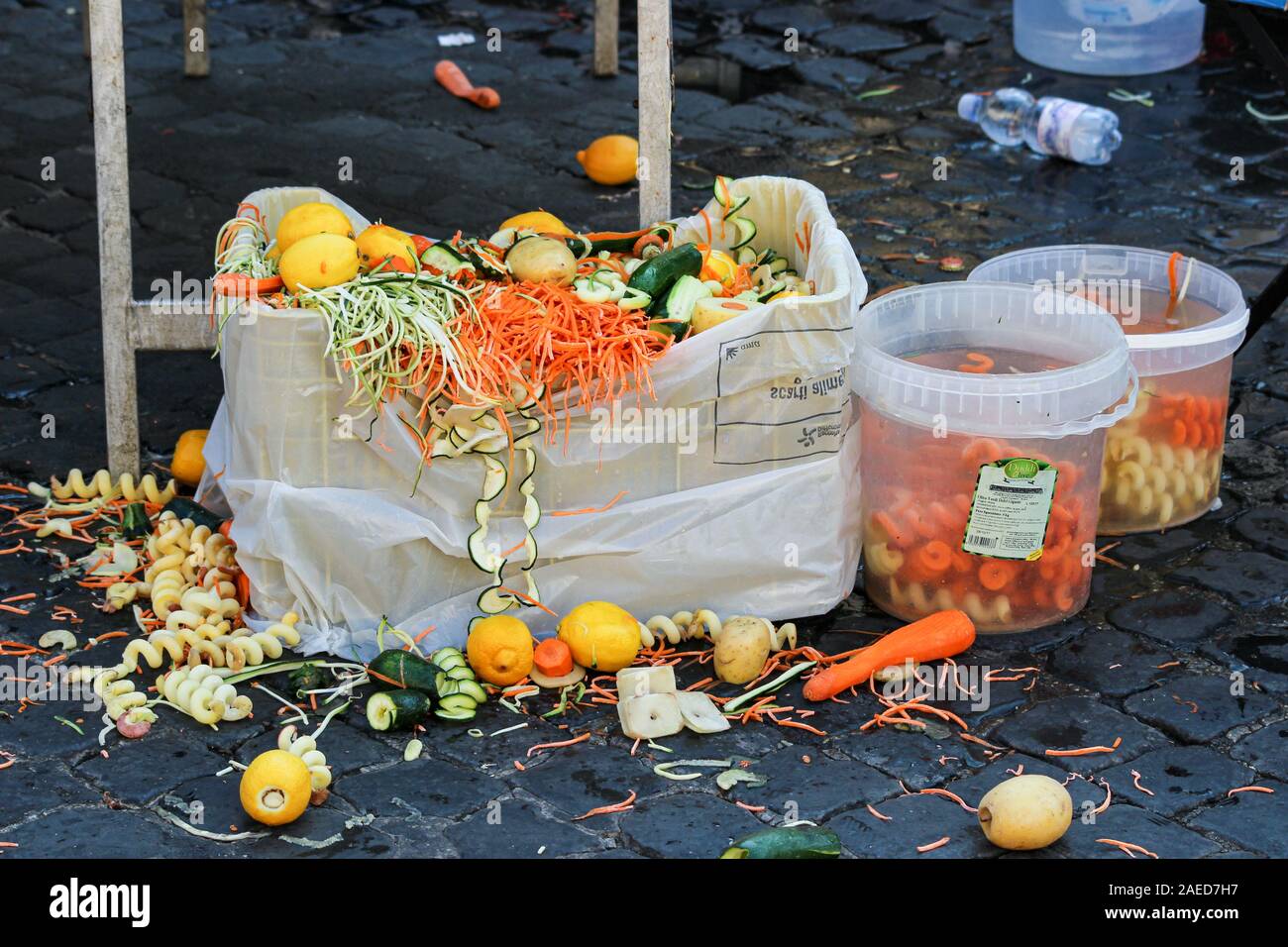 Market vendor's sample left-over waste after market hours Stock Photo