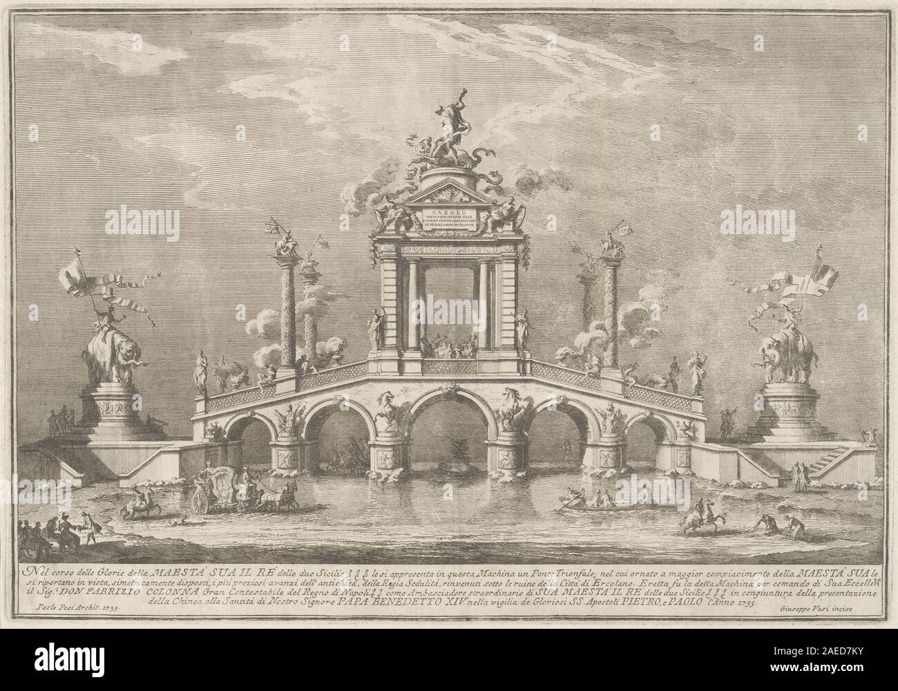 Giuseppe Vasi after Paolo Posi (architect), A Triumphal Bridge Adorned with Relics of the City of Ercolano, 1755 A Triumphal Bridge Adorned with Relics of the City of Ercolano; 1755date Stock Photo