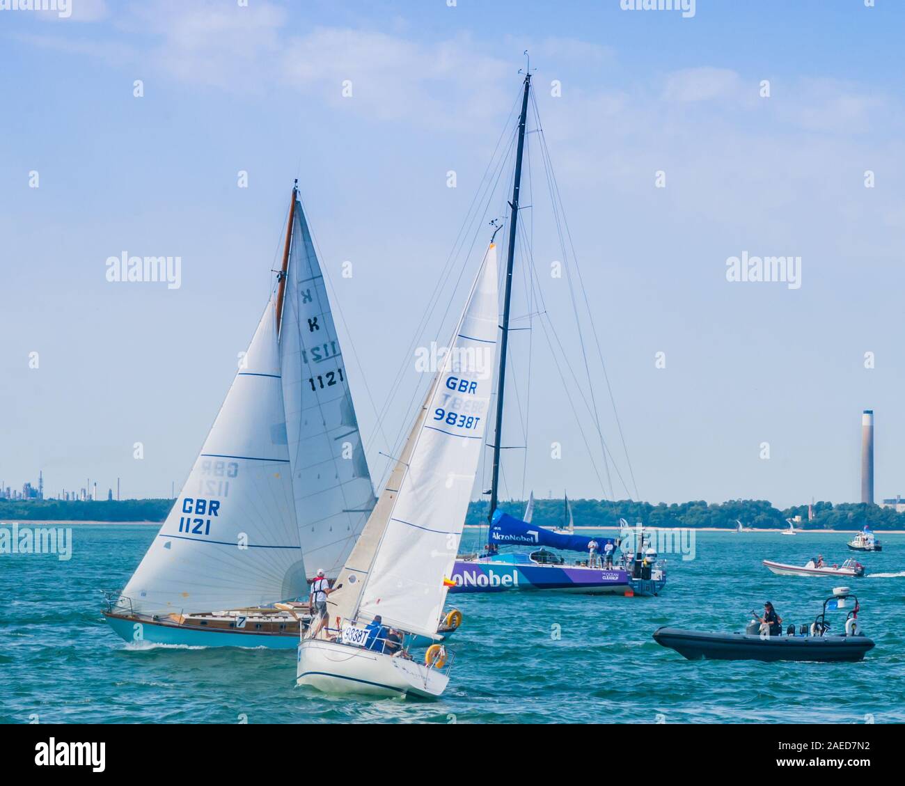 ISLE OF WIGHT , august 2018 sailing boats in cowes week , Island yacht race took place off the south coast of England, Stock Photo
