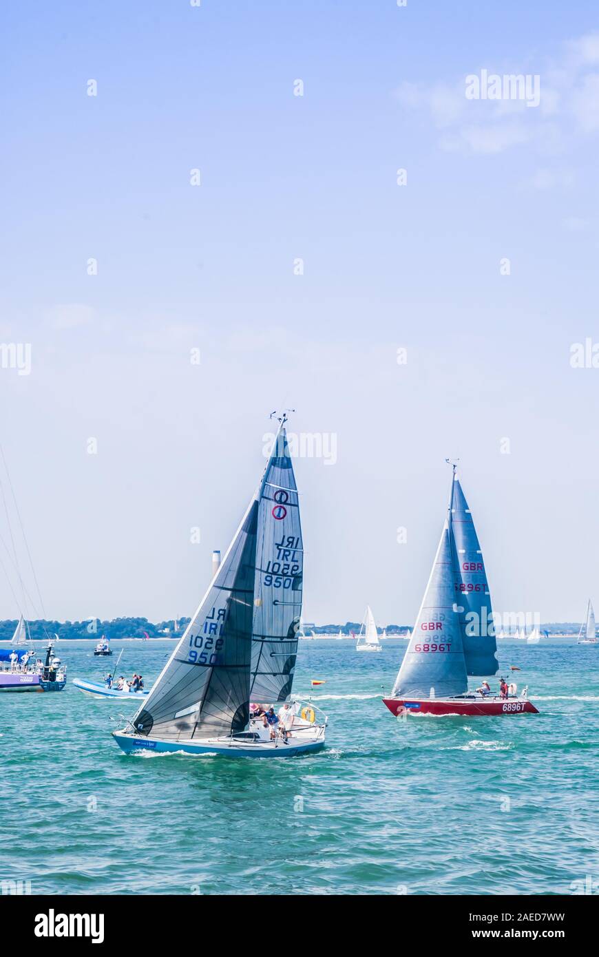 ISLE OF WIGHT , august 2018 sailing boats in cowes week , Island yacht race took place off the south coast of England, Stock Photo