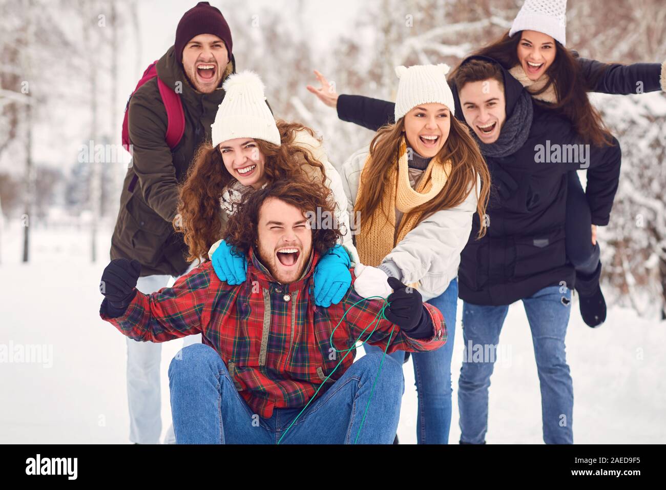 Group of young people enjoying pulling a sled in the snow in winter Stock Photo