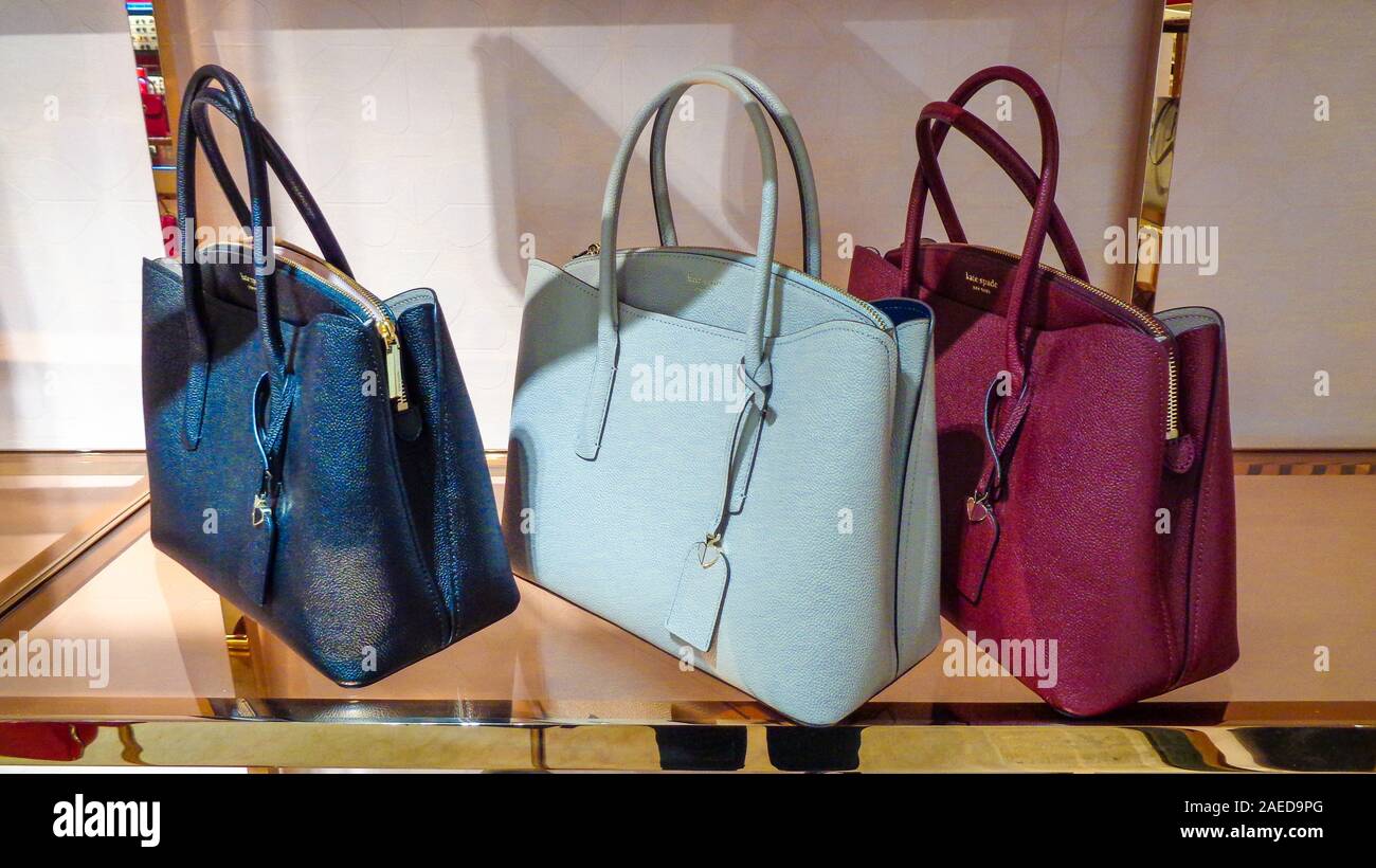 Luxury branded leather bag inside famous shopping center Galerie La