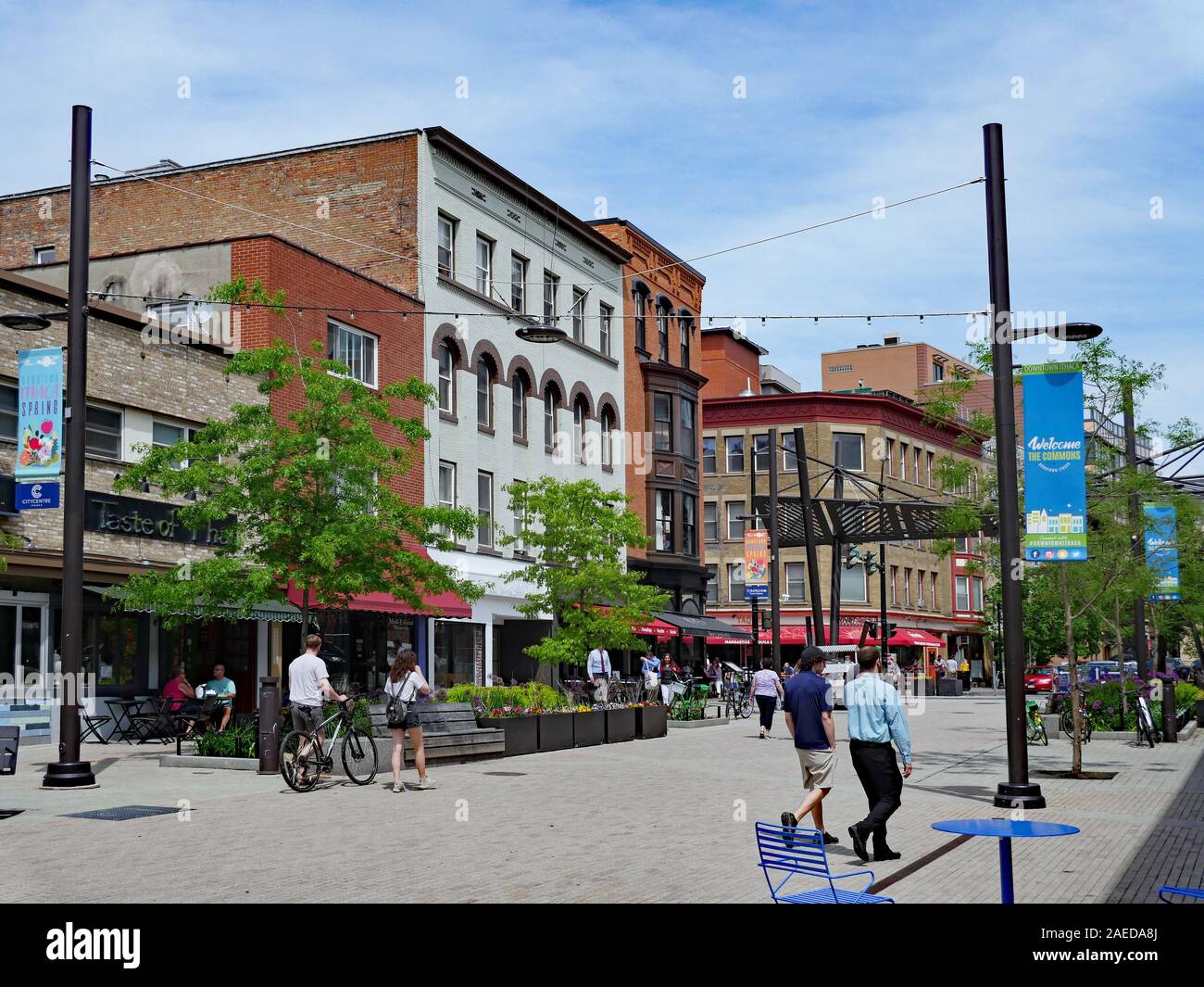 ITHACA, NY - MAY 2019:  Ithaca, the home of Cornell University, has a lively downtown with shopping and restaurants, including this pedestrianized str Stock Photo