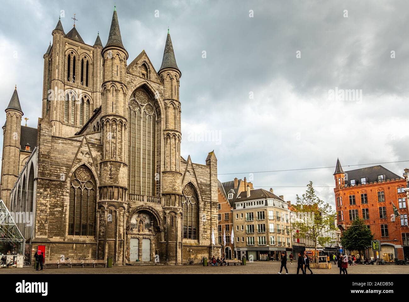 Ghent city historical center with Saint Nicholas cathedral facade, Flemish Region, Belgium Stock Photo