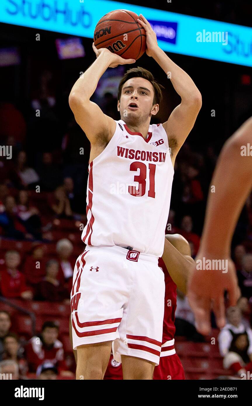 Madison, WI, USA. 7th Dec, 2019. Wisconsin Badgers guard Michael Ballard #31 shoots a jump shot during the NCAA Basketball game between the Indiana Hoosiers and the Wisconsin Badgers at the Kohl Center in Madison, WI. Wisconsin defeated Indiana 84-64. John Fisher/CSM/Alamy Live News Stock Photo