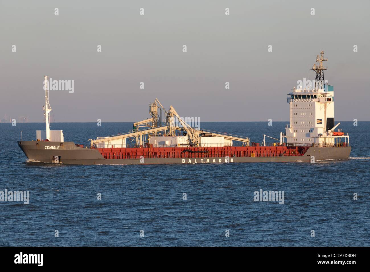 Baltrader cementcarrier CEMISLE with pneumatic and mechanical selfdischarging equipment on the river Elbe Stock Photo