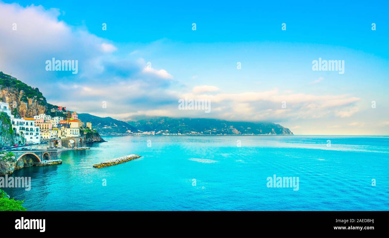 Atrani town in Amalfi coast, panoramic view. Italy, Europe Stock Photo