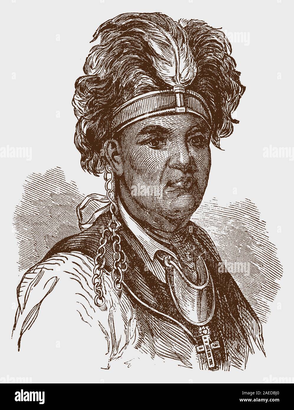 Portrait of historic Mohawk chief Thayendanegea or Joseph Brant after an engraving from the 19th century Stock Vector