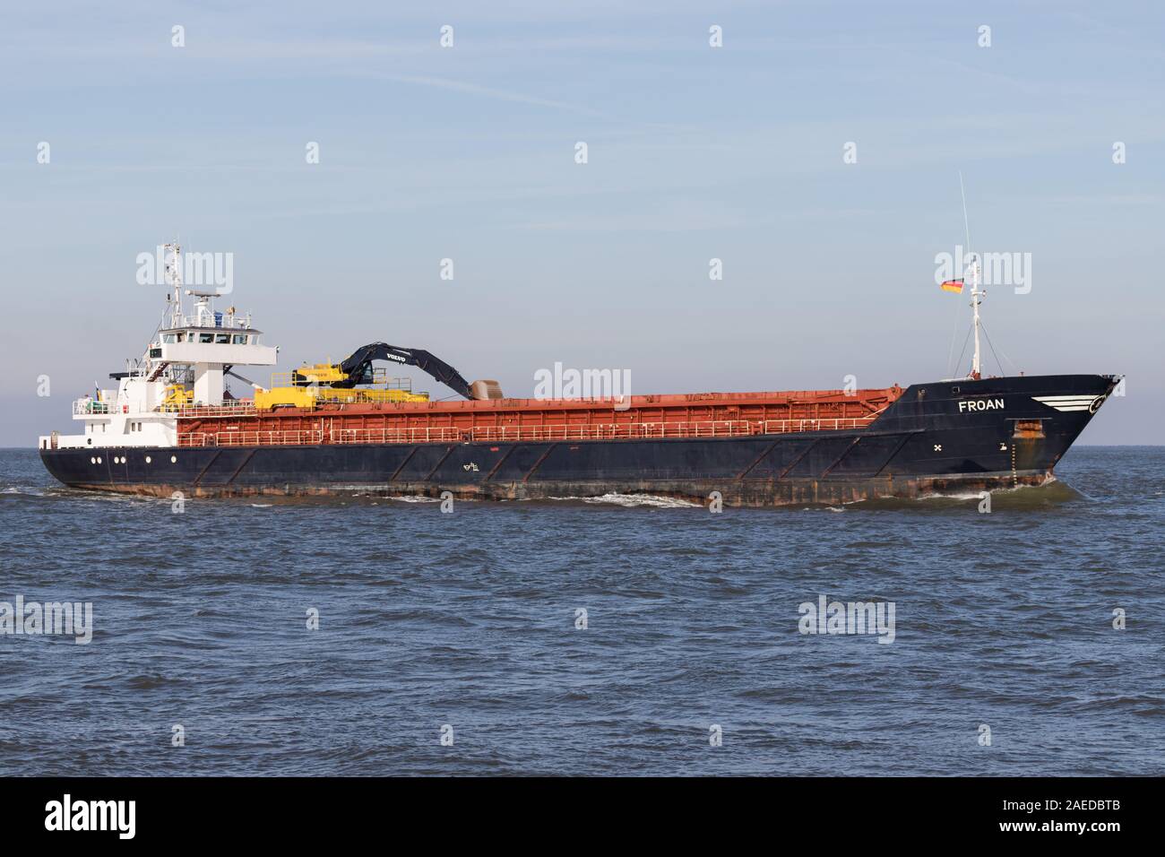 Berge Rederi selfdischarging general cargo vessel FROAN on the river Elbe. Stock Photo