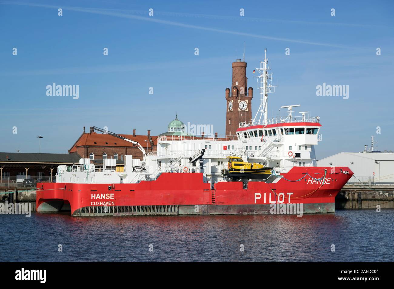 pilot station boat HANSE in the port of Cuxhaven Stock Photo