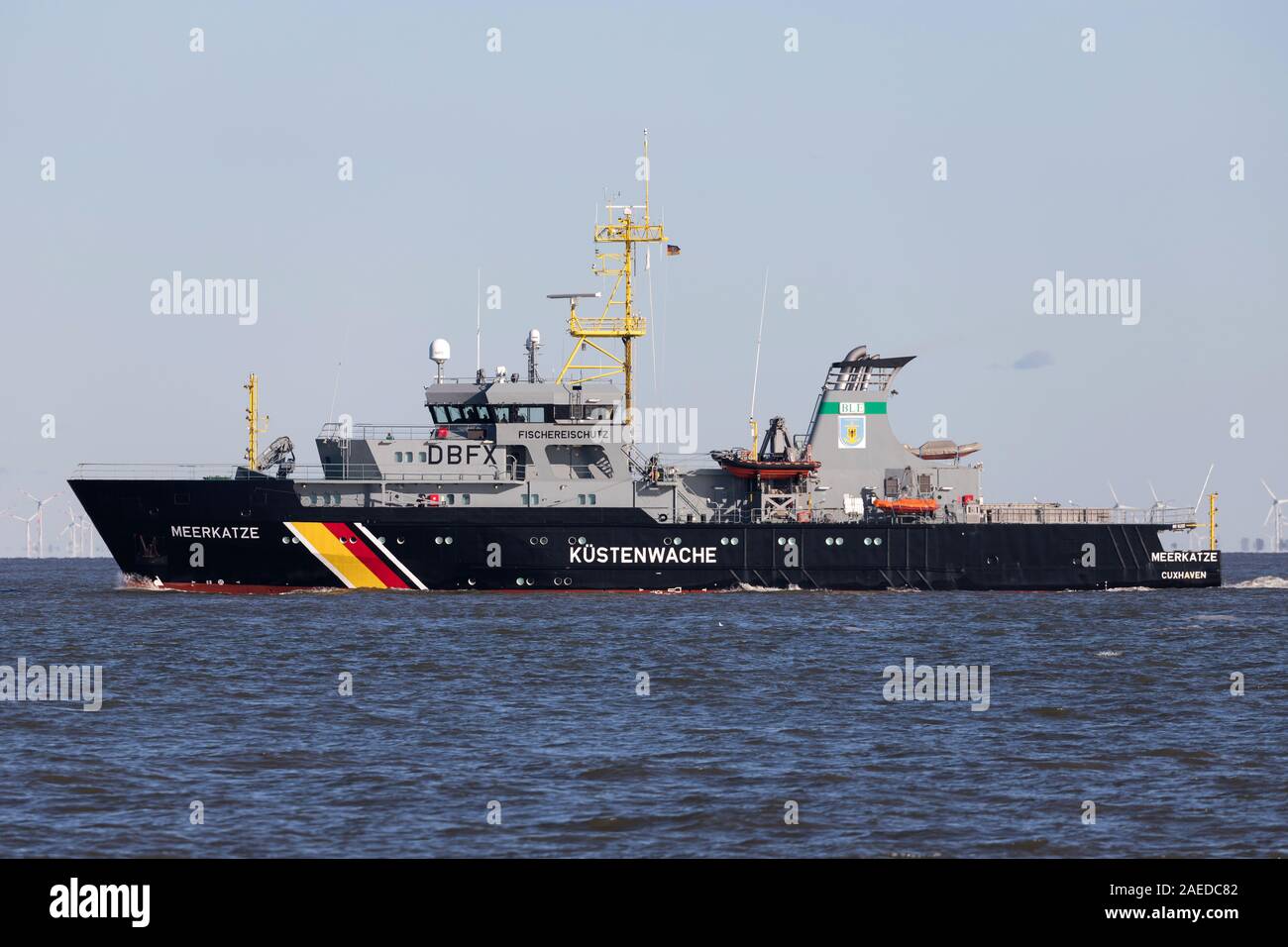 German fishery protection vessel MEERKATZE on the river Elbe. The Kustenwache is an association of several federal agencies. Stock Photo