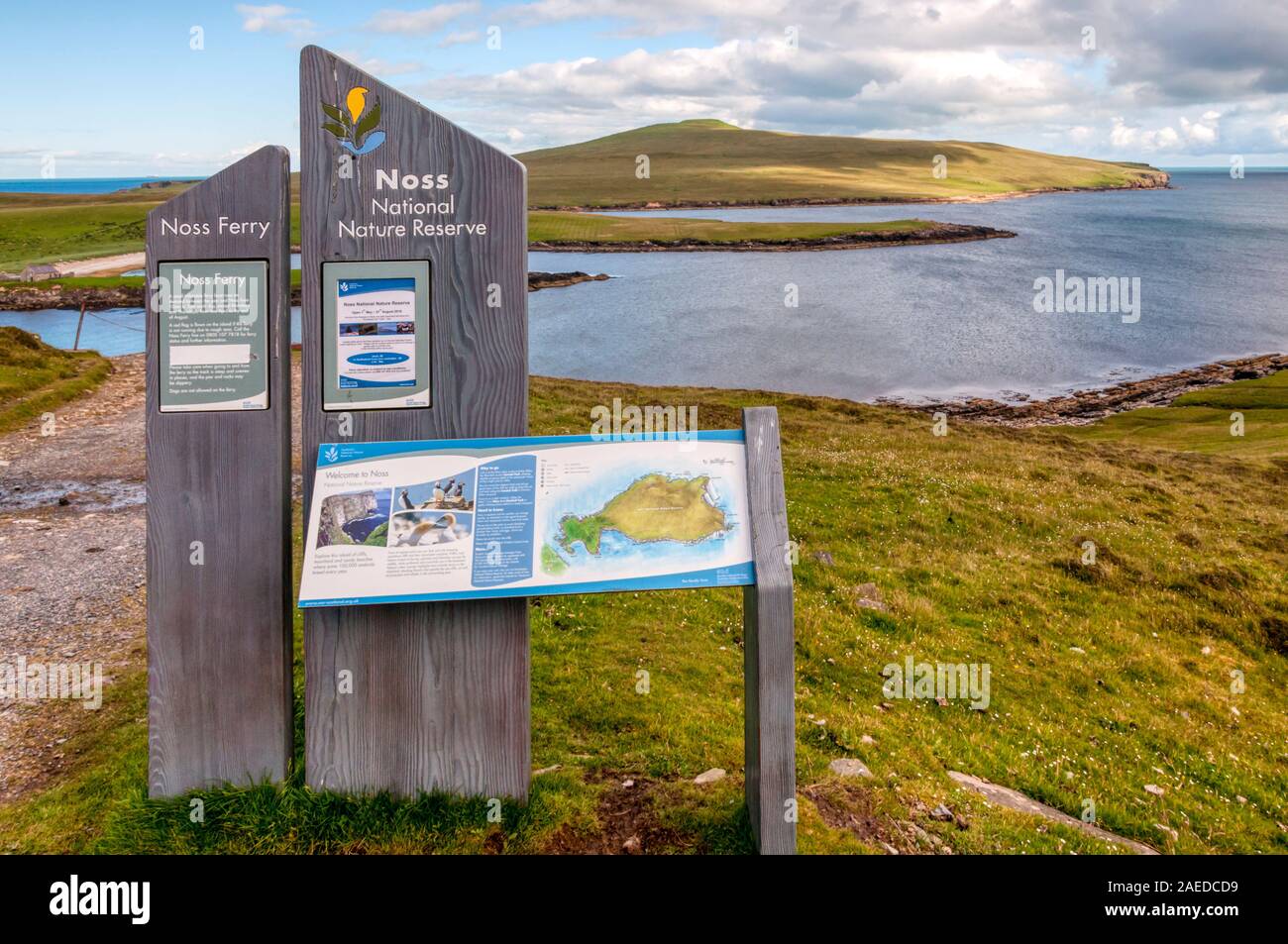 Signs on Bressay for the Noss Ferry and Noss National Nature Reserve, Shetland. Stock Photo