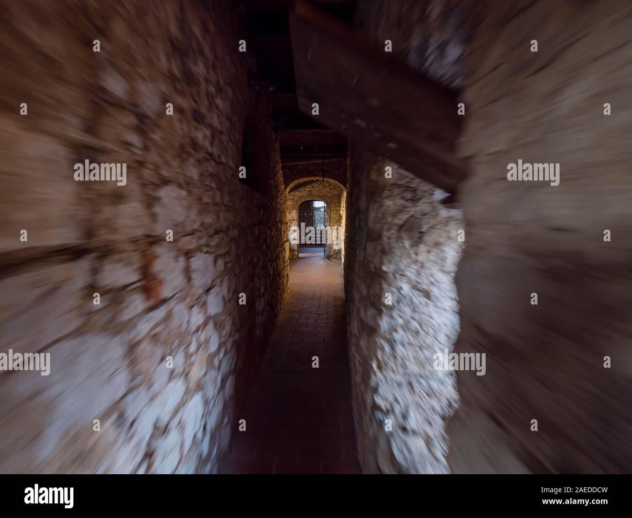 Running through narrow corridor medieval fort Trsat in Rijeka Croatia Europe Stock Photo