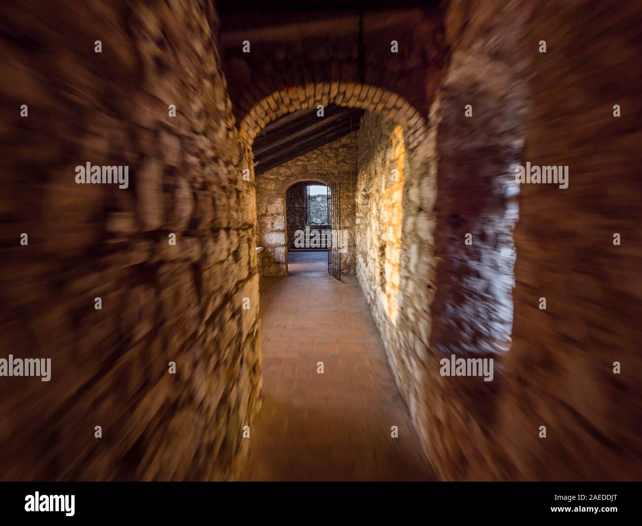 Running through narrow corridor medieval fort Trsat in Rijeka Croatia Europe Stock Photo