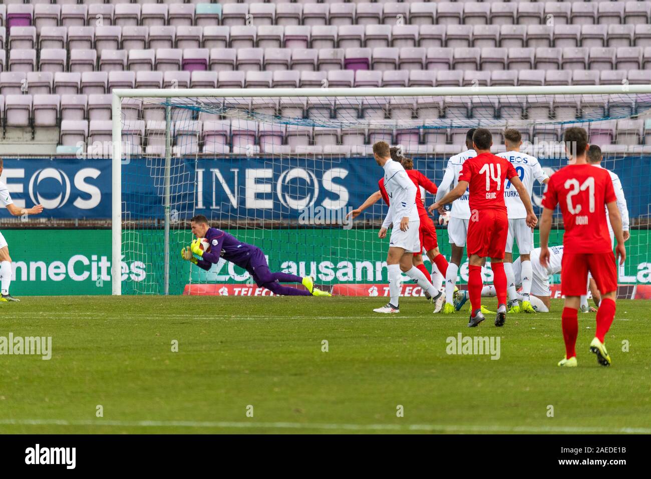 Lausanne, Switzerland. 08th Dec, 2019. Lausanne, Switzerland - 2019/11/08:  Thomas Castella (Goalkeeper) of Lausanne Sport makes a stop during 17th day  of the Brach.ch Challenge League between Lausanne Sport and Fc Vaduz.