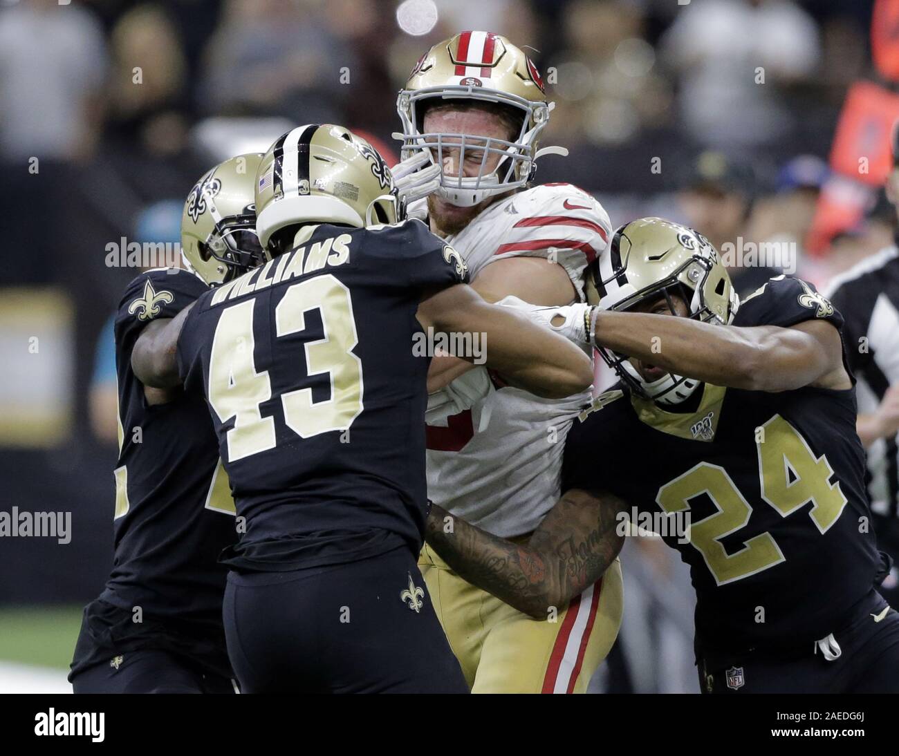 New Orleans, United States. 08th Dec, 2019. With seconds left on the clock  San Francisco 49ers tight end George Kittle (85) picks up 39 yards and a  face mask penalty, putting the