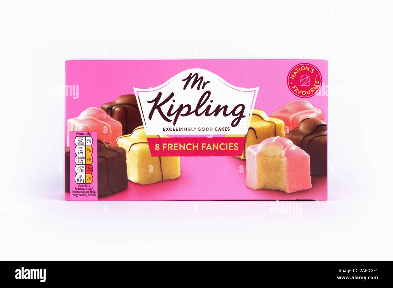 A box of Mr Kipling French Fancies shot on a white background. Stock Photo