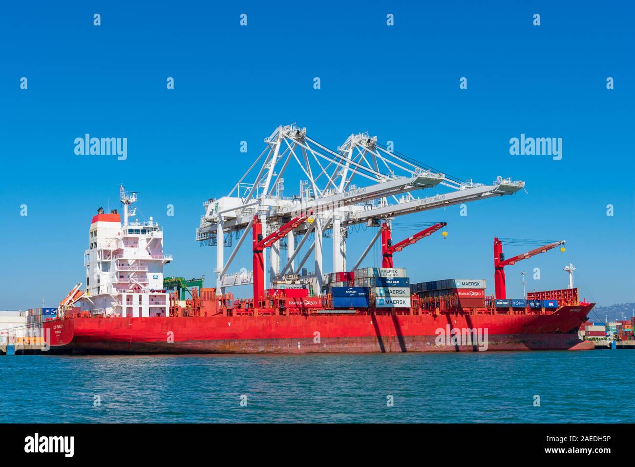 Container cargo cranes unloading red container ship CAP PASLEY at ...