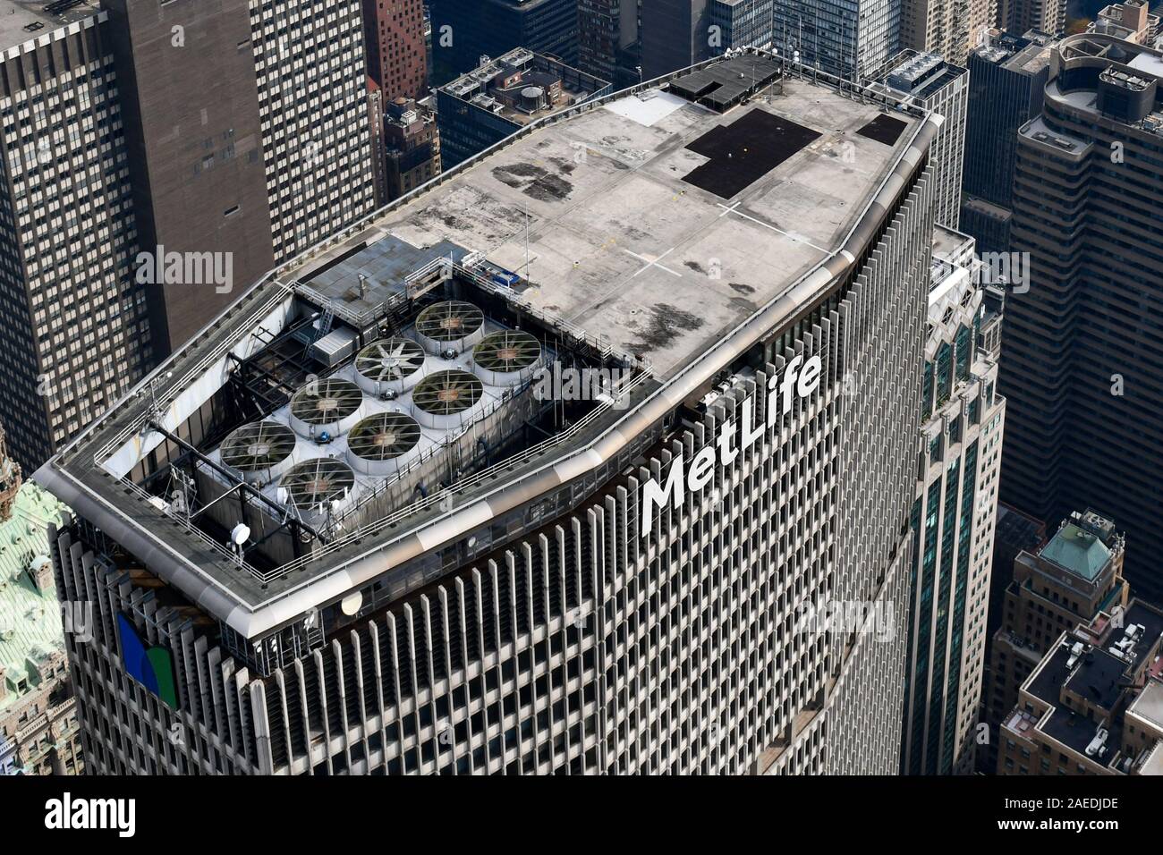 New York City - October 25, 2019: Aerial view of the MetLife building in Midtown Manhattan, New York City. Stock Photo