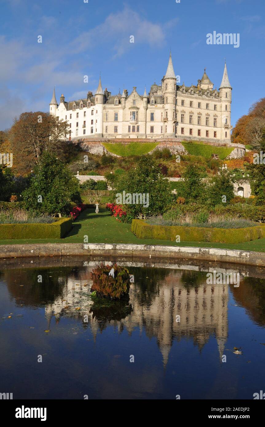 Dunrobin Castle is a stately home in Sutherland, in the Highlands of Scotland, and the family seat of the Earl of Sutherland and Clan Sutherland Stock Photo