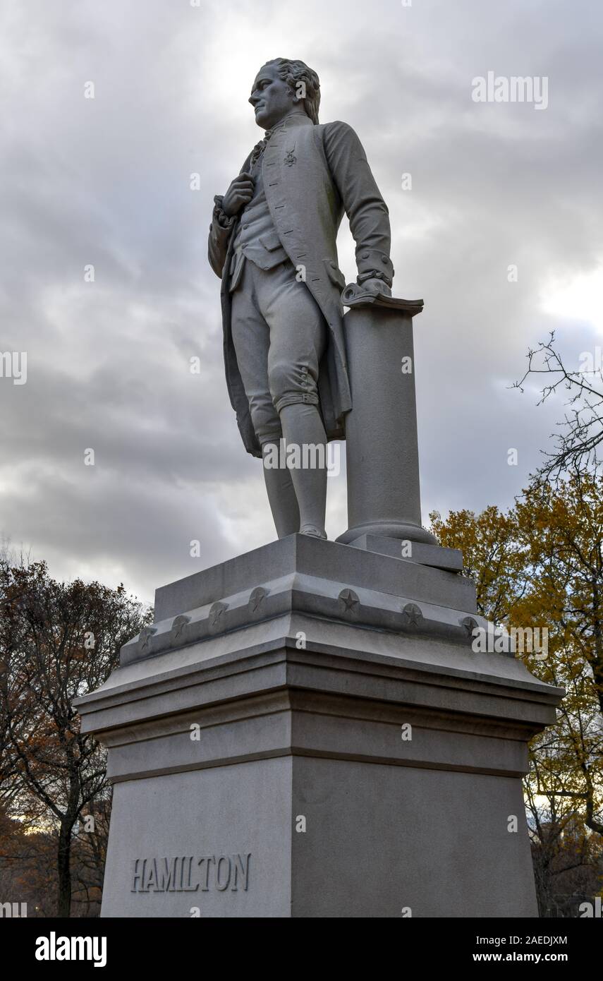 Alexander Hamilton statue in Central Park, New York City. It is carved from solid granite by