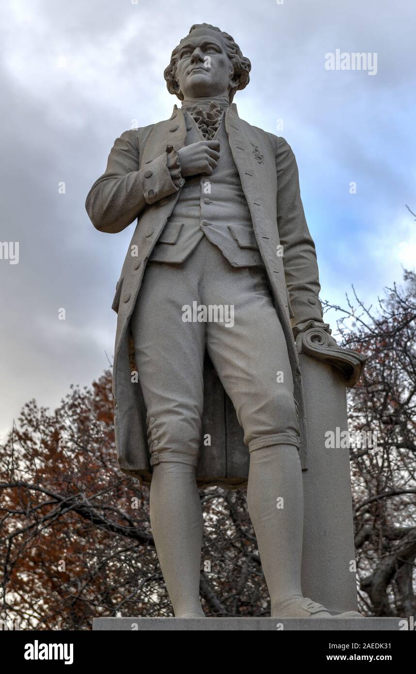 Alexander Hamilton statue in Central Park, New York City. It is carved from solid granite by