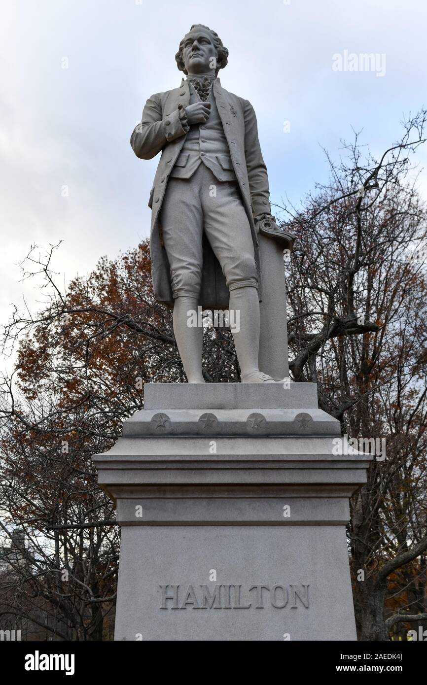 Alexander Hamilton statue in Central Park, New York City. It is carved from solid granite by