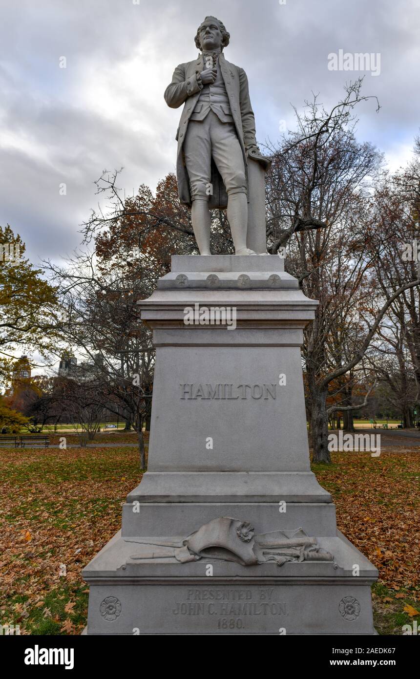 Alexander Hamilton statue in Central Park, New York City. It is carved from solid granite by
