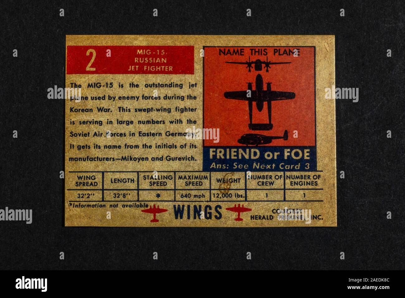 Card allowing for "friend or foe" military plane identification, a piece of replica memorabilia from the Cold War era. Stock Photo