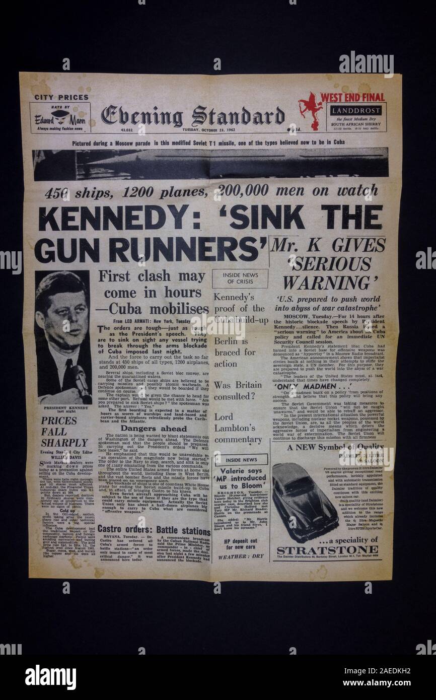 The front page of the Evening Standard (replica) newspaper from 23rd October 1962 during the Cuban missile crisis and the Cold War. Stock Photo