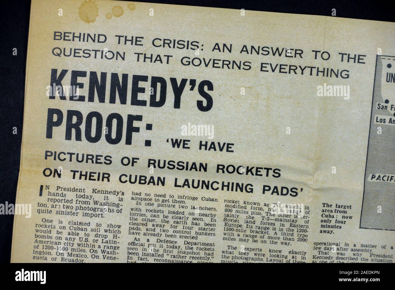 'Kennedy's Proof' headline in the Evening Standard (replica) newspaper from 23rd October 1962 during the Cuban missile crisis. Stock Photo