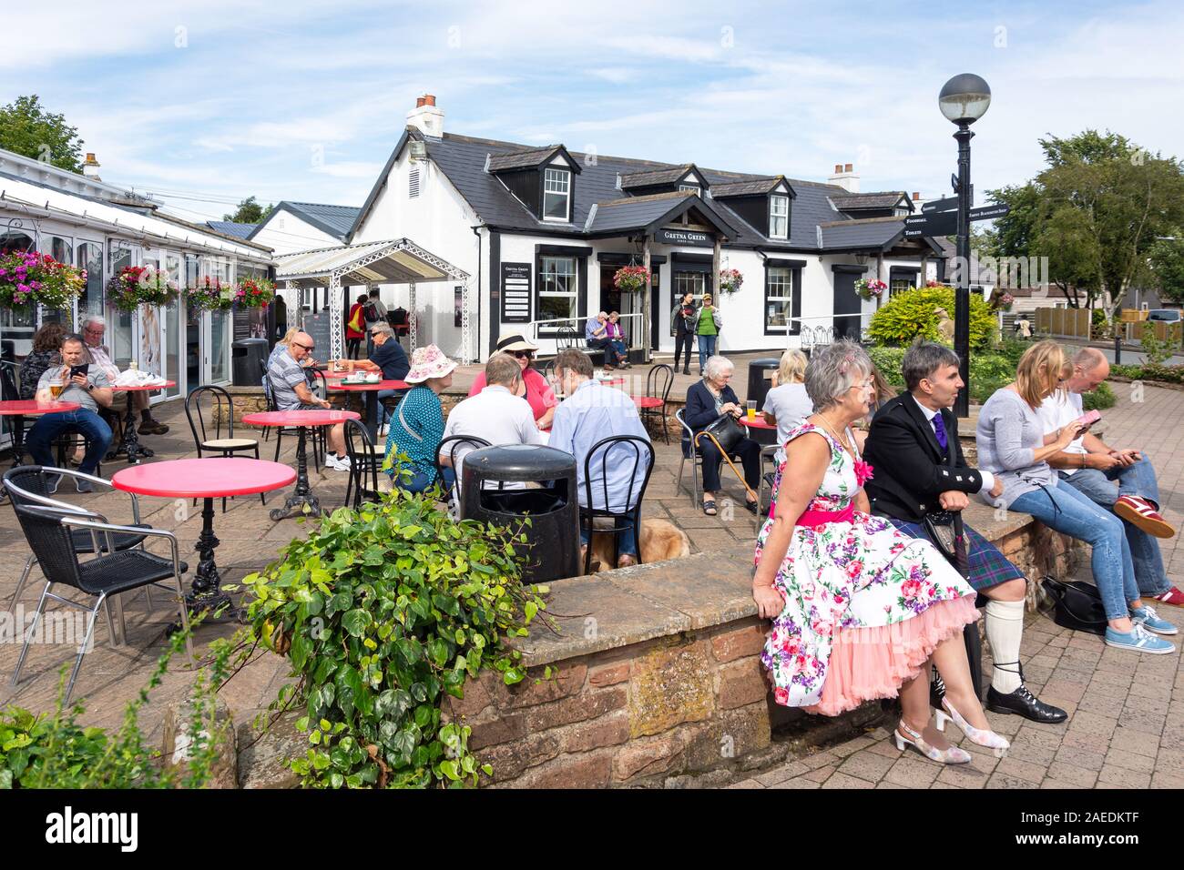 Outdoor terrace, Gretna Green Famous Blacksmiths Shop, Gretna Green, Gretna, Dumfries and Galloway, Scotland, United Kingdom Stock Photo