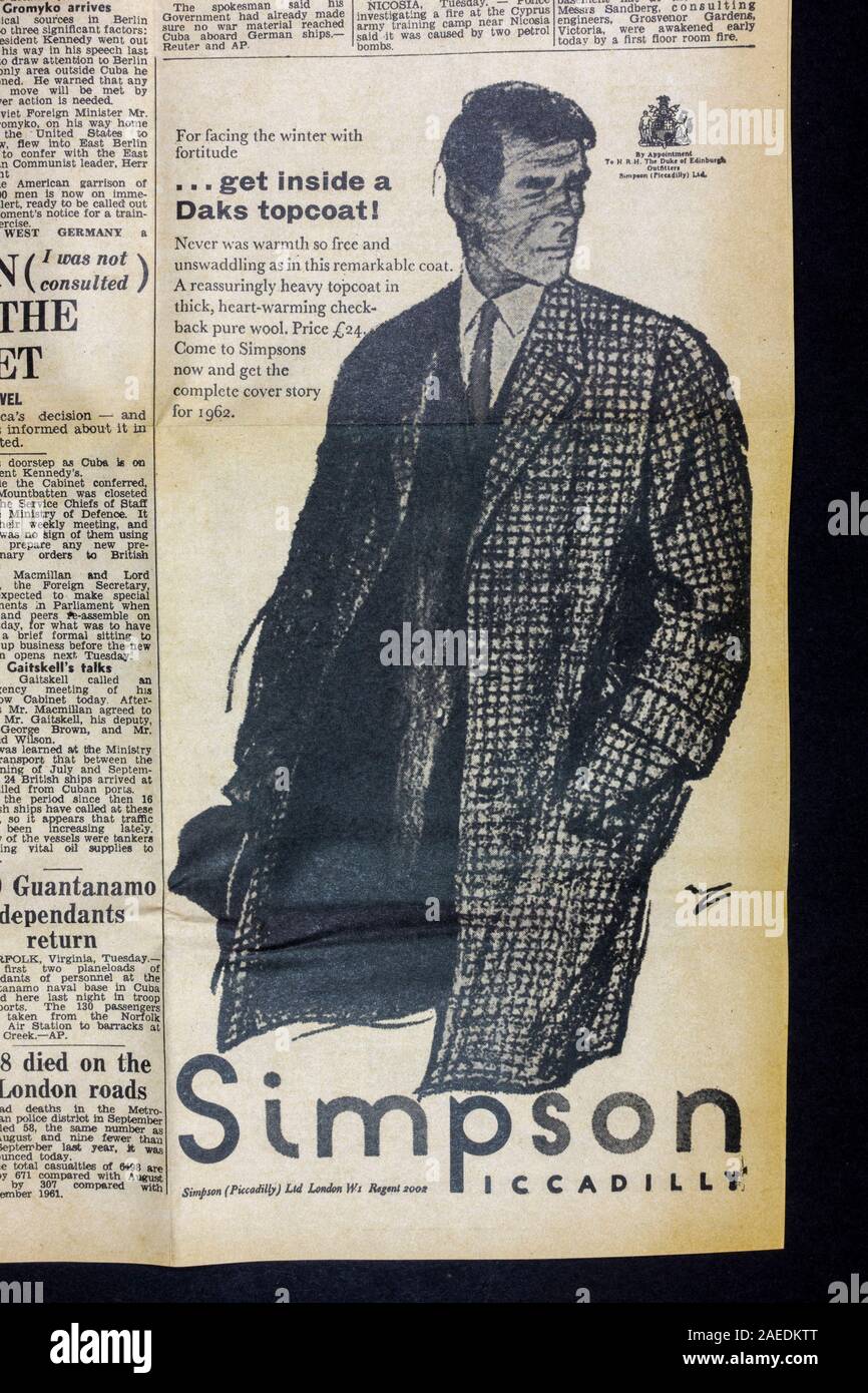 Advert for Simpson Piccadilly men's fashion store in the Evening Standard (replica) newspaper from 23rd October 1962 during the Cuban missile crisis. Stock Photo
