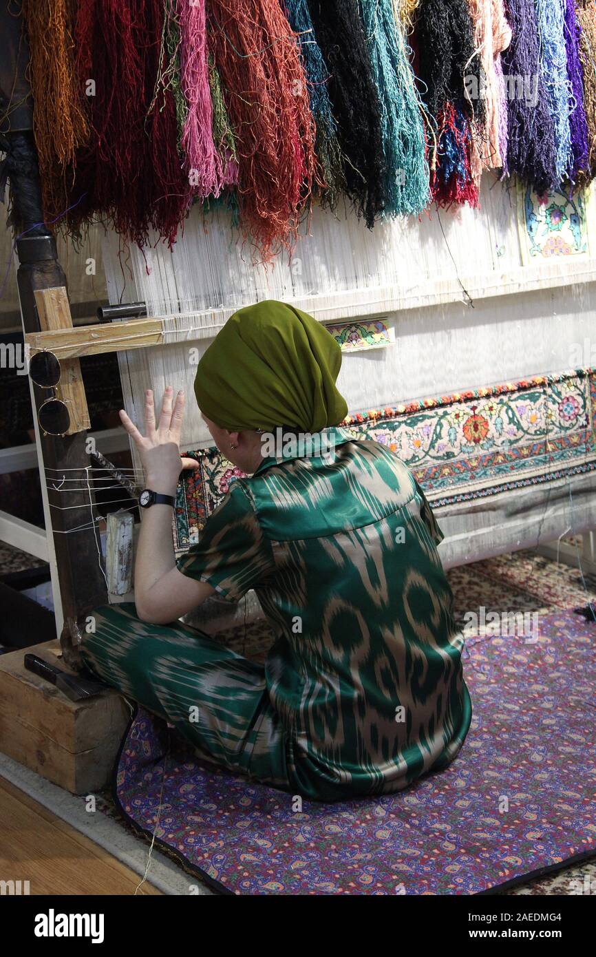 Carpet workshop at Bukhara in Uzbekistan Stock Photo