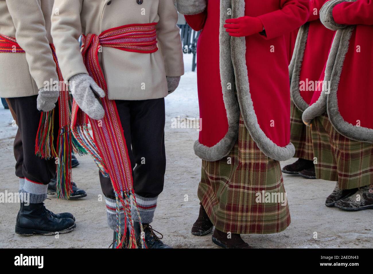 Group of French Canadian Quebecers Dancers in Winter, Traditional Dance, Arrow Sash, Québec, Canada Stock Photo