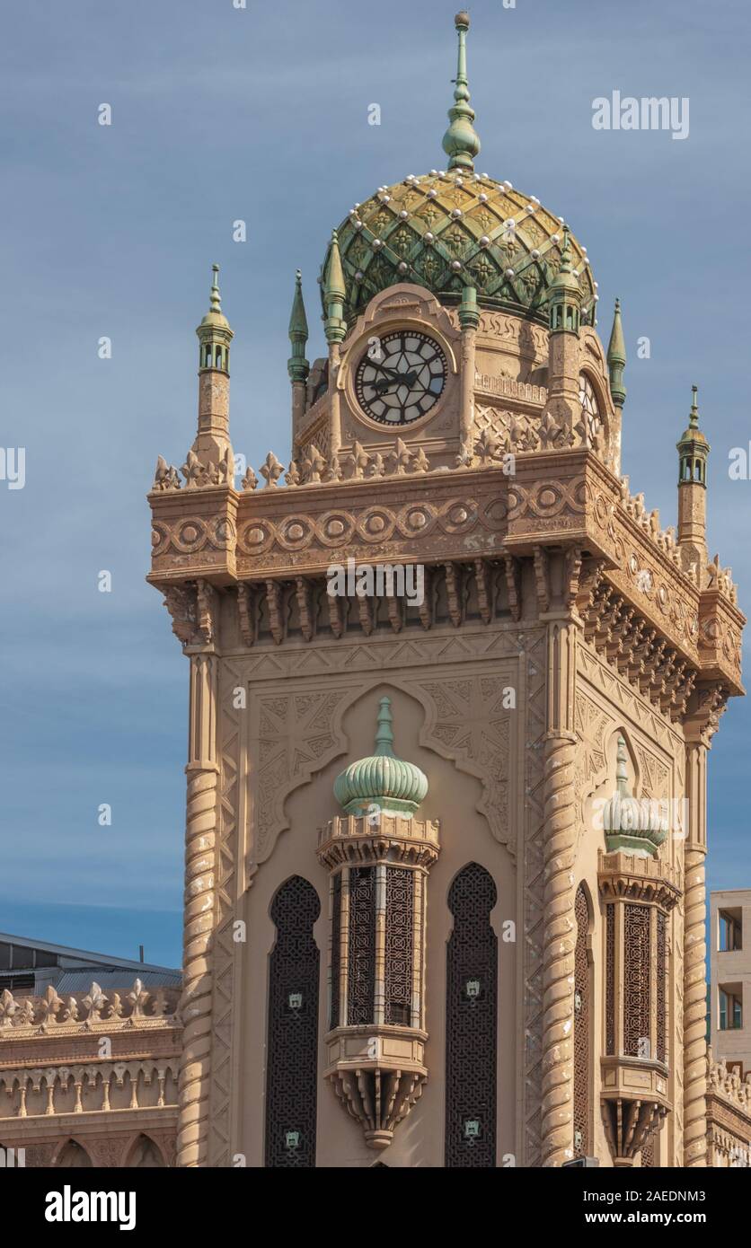 Melbourne, Australia - November 14, 2009: The beige stone with green dome clock tower of The Forum Theatre, built in Moorish revival architecture agai Stock Photo