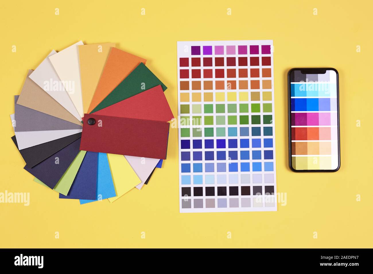 Top View Flatlay Of Color Palette Samples And Swatches Laid Out At Designers Workplace Over Pale Yellow Background Copy Space Stock Photo Alamy