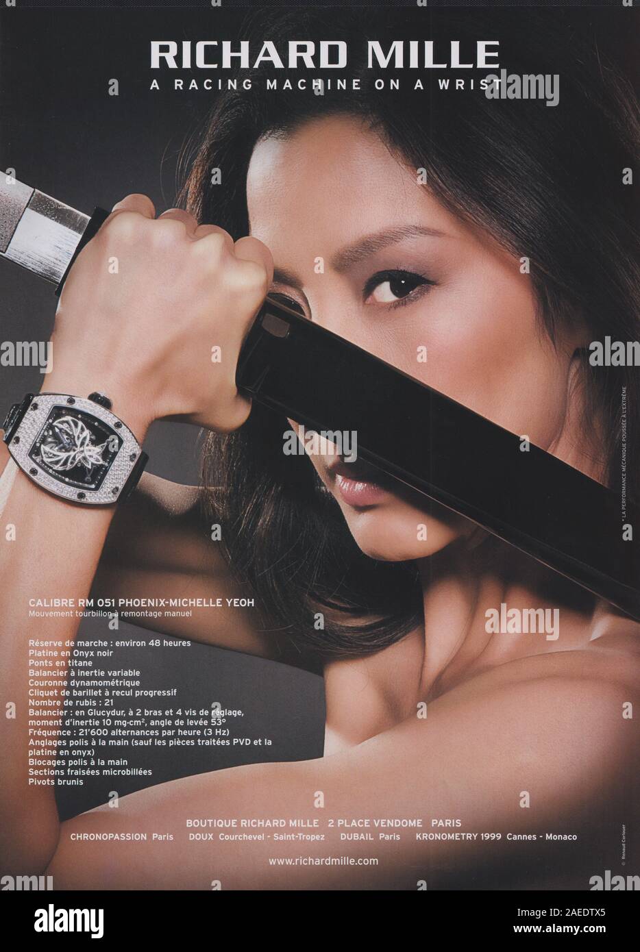 poster advertising Richard Mille watch brand with Michelle Yeoh in magazine from 2012 year, advertisement creative Richard Mille advert from 2010s Stock Photo