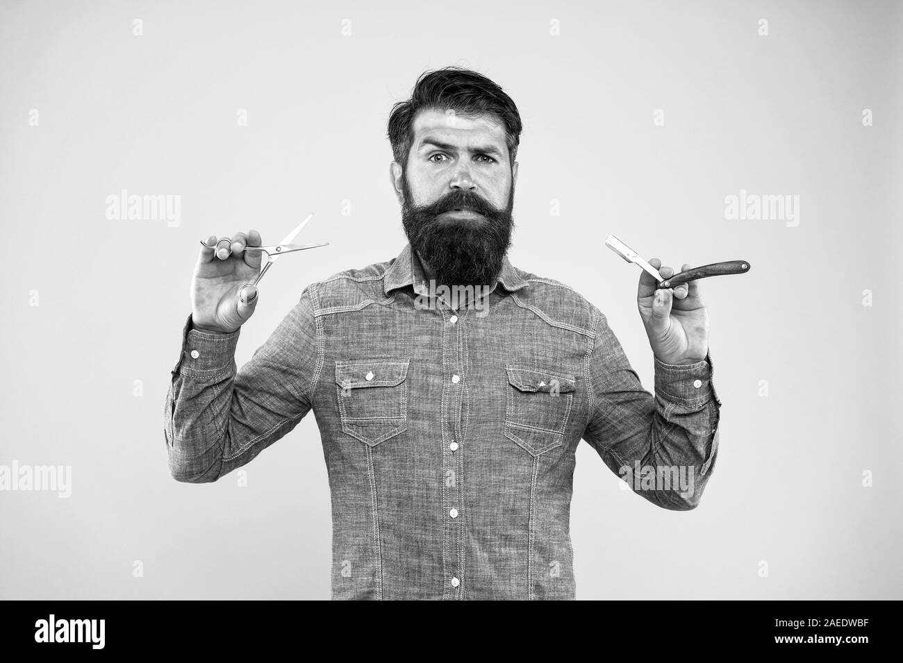 Personal Stylist Vintage Barber Bearded Man Hold Razor And