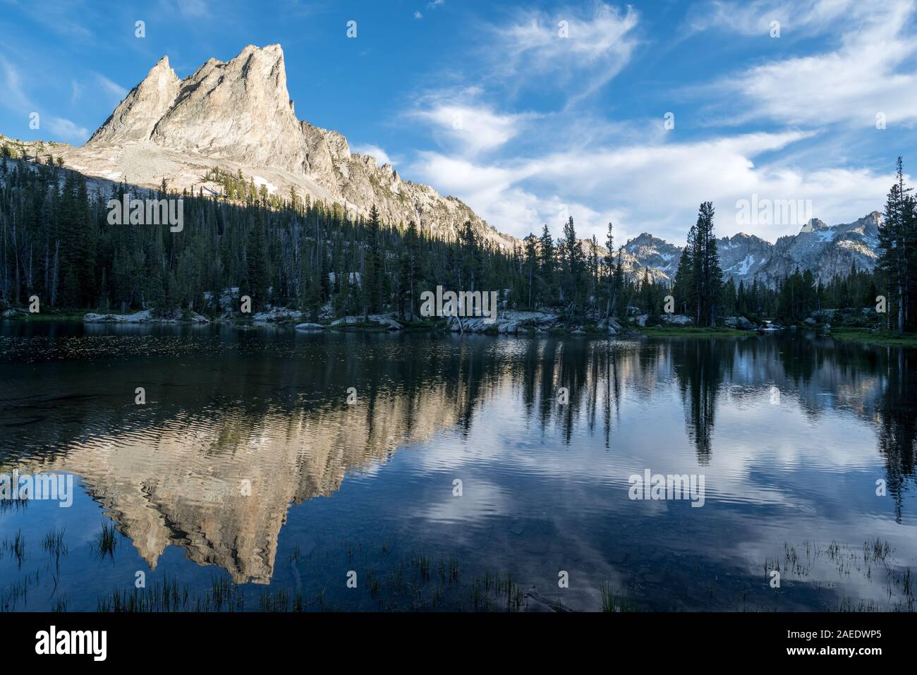 El Capitan peak reflected in a lake in Idaho's Sawtooth Mountains. Stock Photo