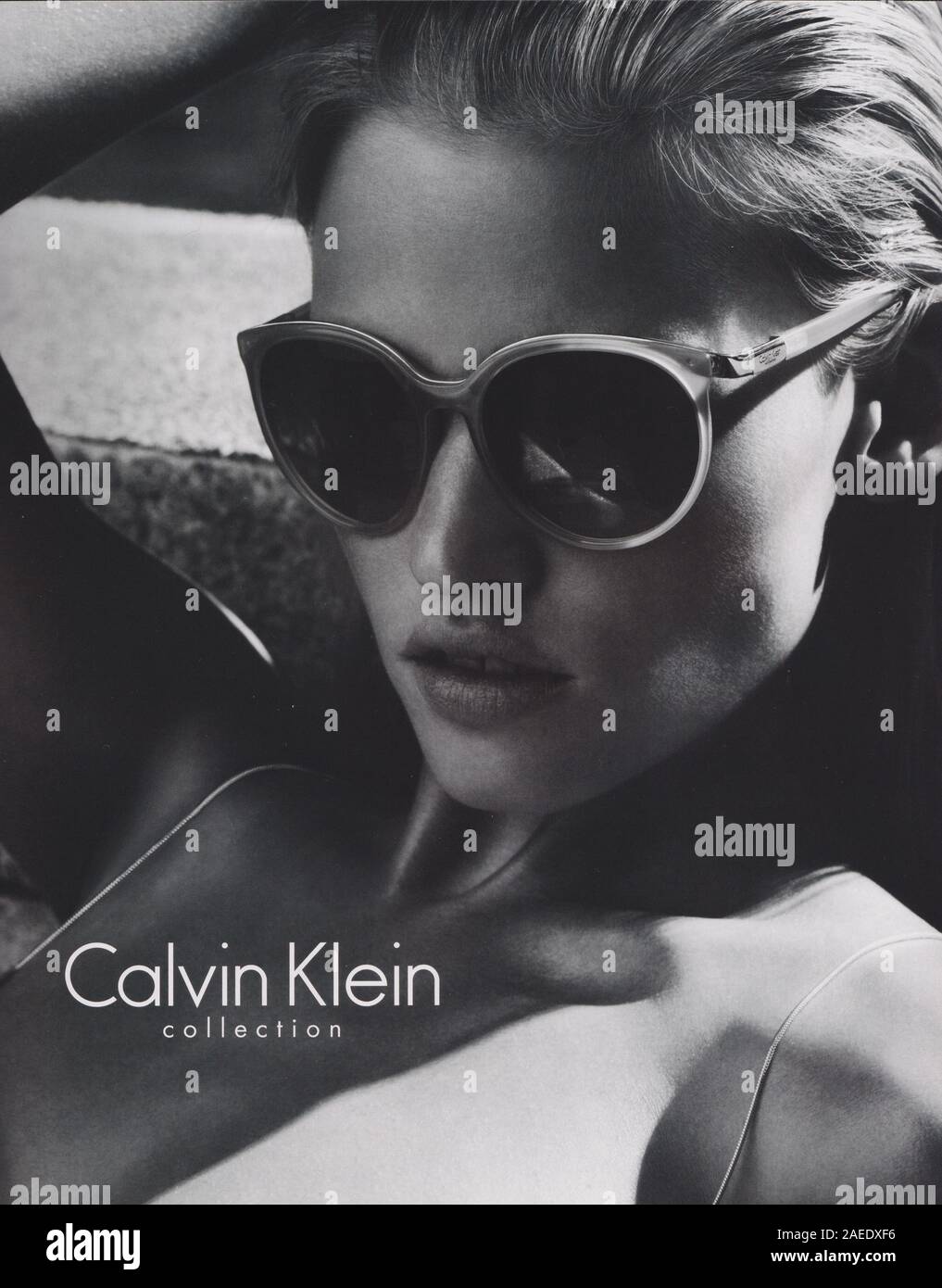 poster advertising Calvin Klein fashion house with Lara Stone in paper magazine from 2012 year, CK advertisement, creative Calvin Klein advert Stock Photo