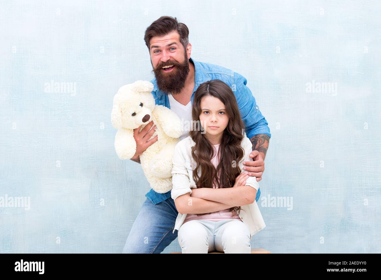 Cheer up. Making surprise. Lovely father and kid. Father and daughter light  background. Strengthening father daughter relationships. Child and dad best  friends. Family relations. Fathers day concept Stock Photo - Alamy