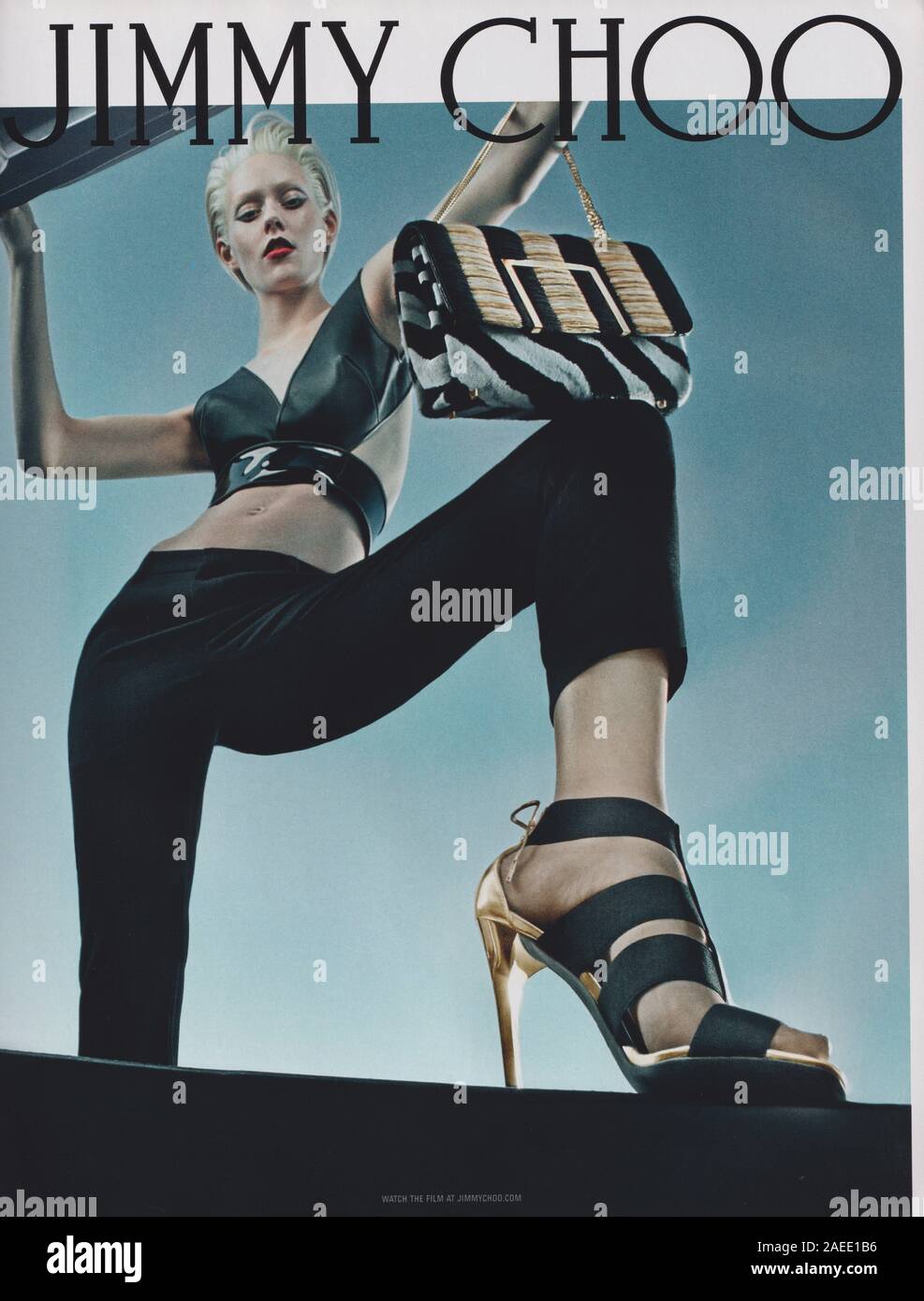 poster advertising Jimmy Choo fashion footwear house with Ondria Hardin in magazine from 2015 year, advertisement creative Jimmy Choo 2010s advert Stock Photo