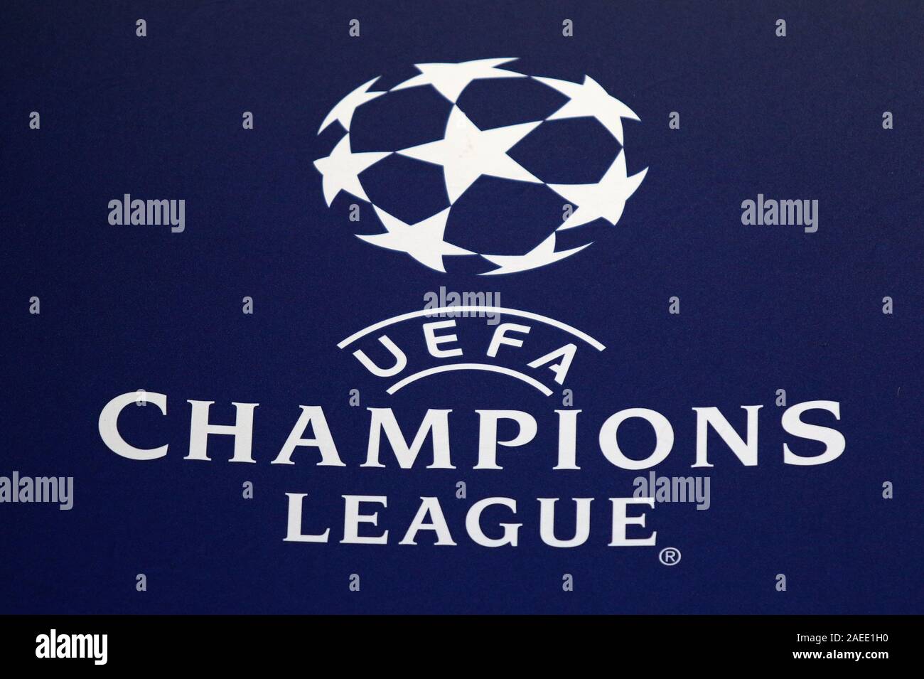 PRAGUE, CZECHIA - OCTOBER 23, 2019: Official UEFA Champions League logo on the decoration board seen during the UEFA Champions League game between Slavia Praha and Barcelona at Eden Arena in Prague Stock Photo