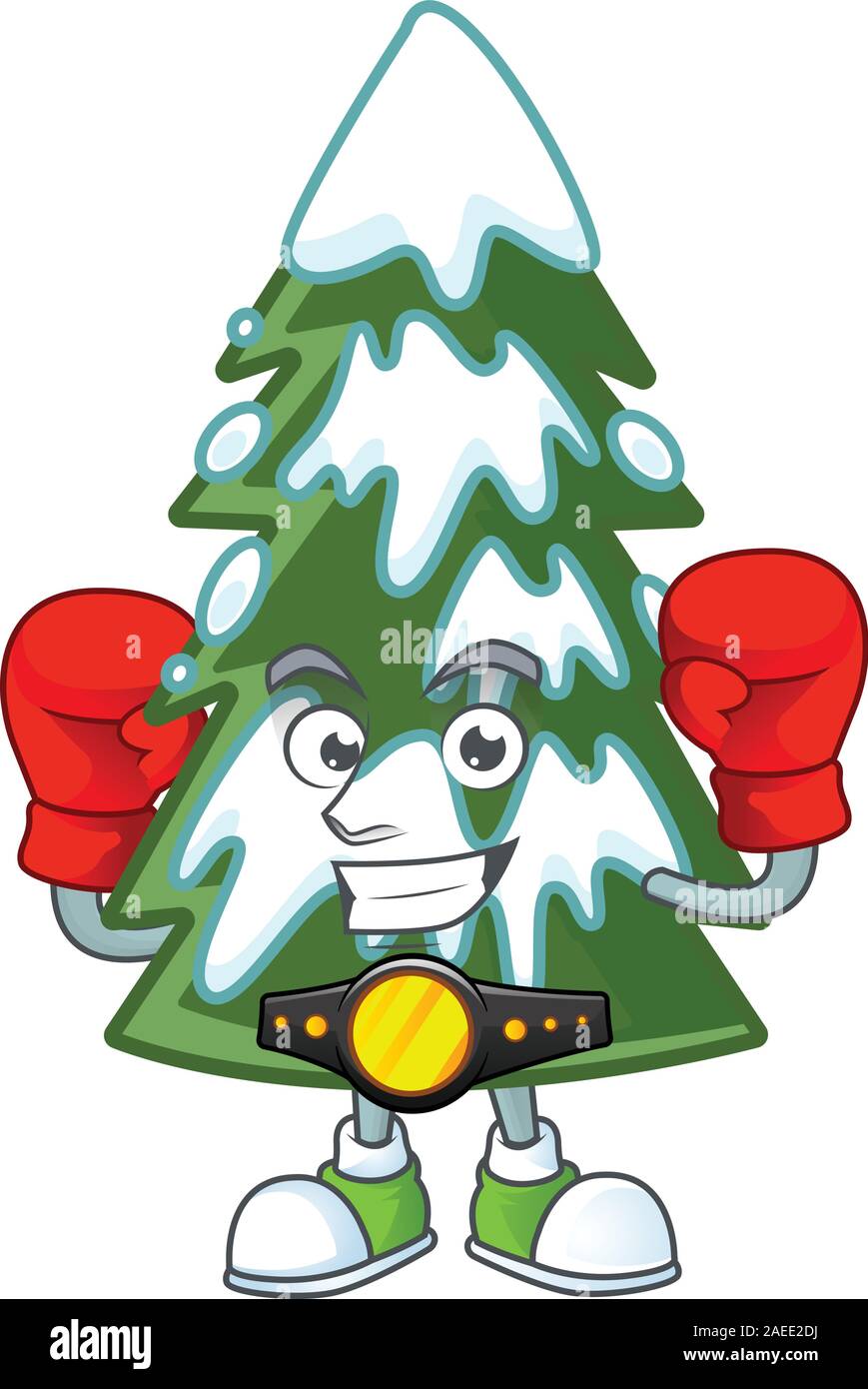 Funny Boxing christmas tree snow cartoon character style Stock Vector