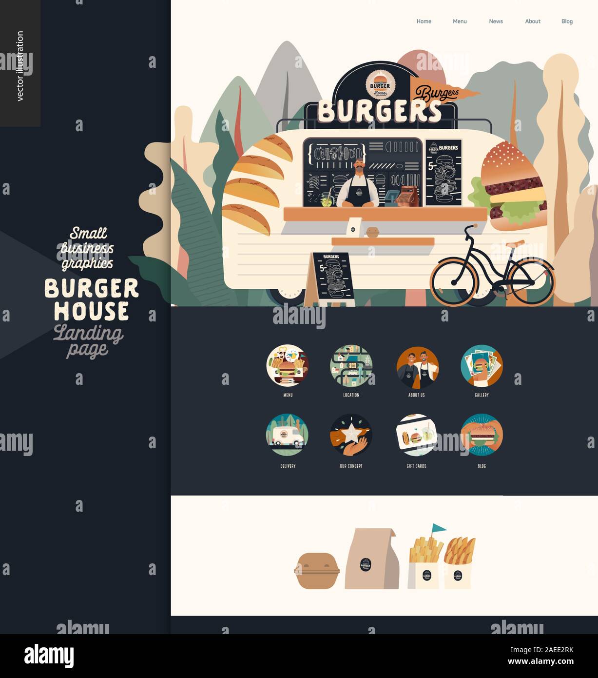 Burger house - small business graphics - landing page design template - modern flat vector concept illustration of a burgers street food truck van, se Stock Vector