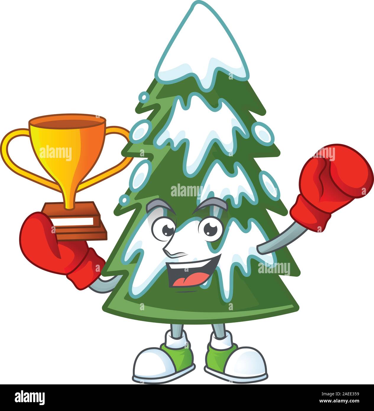 Super cool Boxing winner christmas tree snow in mascot cartoon style