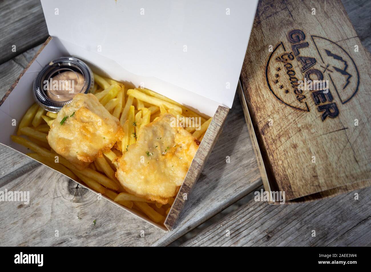 Fish and chips, Glacier Goodies restaurant, Vatnajökull National Park, Iceland Stock Photo