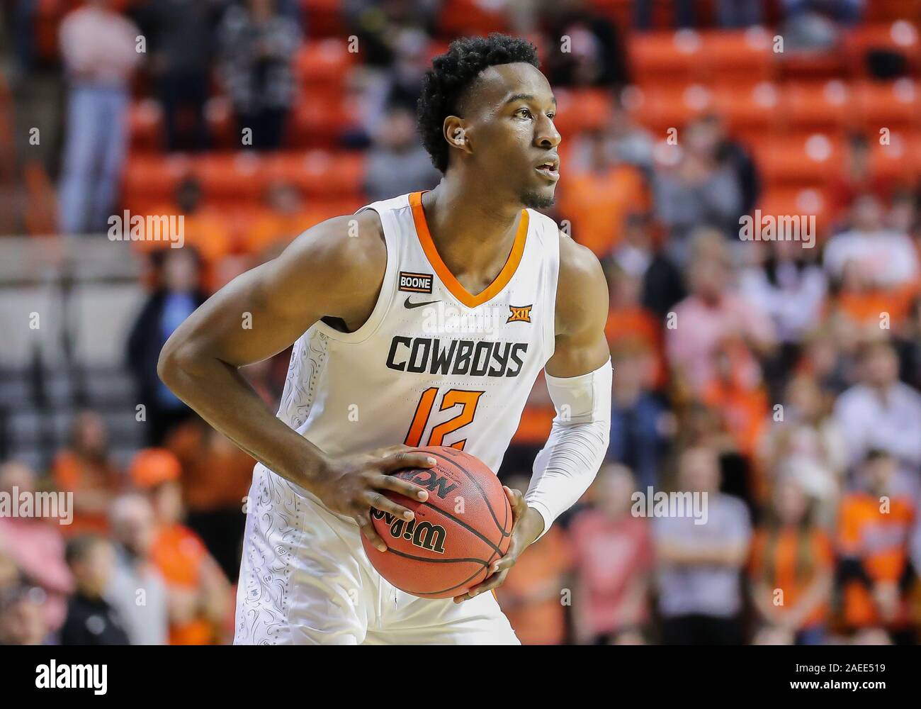 Stillwater, OK, USA. 8th Dec, 2019. Oklahoma State forward Cameron McGriff (12) with the ball during a basketball game between the Wichita State Shockers and Oklahoma State Cowboys at Gallagher-Iba Arena in Stillwater, OK. Gray Siegel/CSM/Alamy Live News Stock Photo