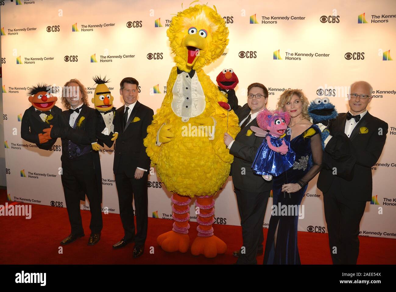 Washington, United States. 08th Dec, 2019. Children's educational television program characters from Sesame Street, 2019 Kennedy Center Honorees, (L-R) Ernie, Bert, Big Bird, Elmo, Abby and Cookie Monster pose for photographers on the red carpet as they arrive for a gala performance at the Kennedy Center, in Washington, Sunday, December 8, 2019 Photo by Mike Theiler/UPI Credit: UPI/Alamy Live News Stock Photo